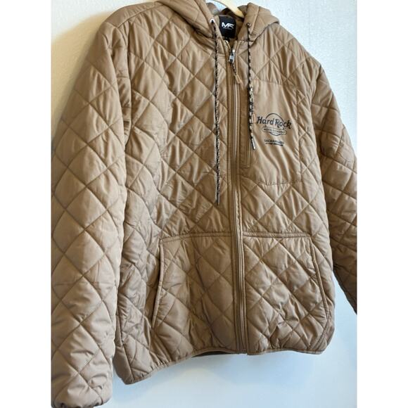 Hard Rock Cafe Bomber Puffer Jacket Men L Snow Coat Retro Ski Tan Brown Hoodie - Picture 5 of 16